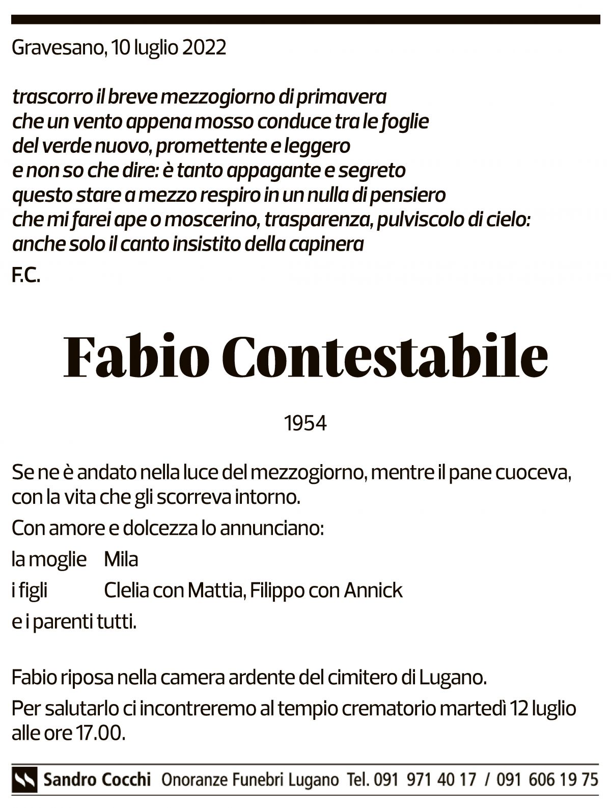 Annuncio funebre Fabio Contestabile