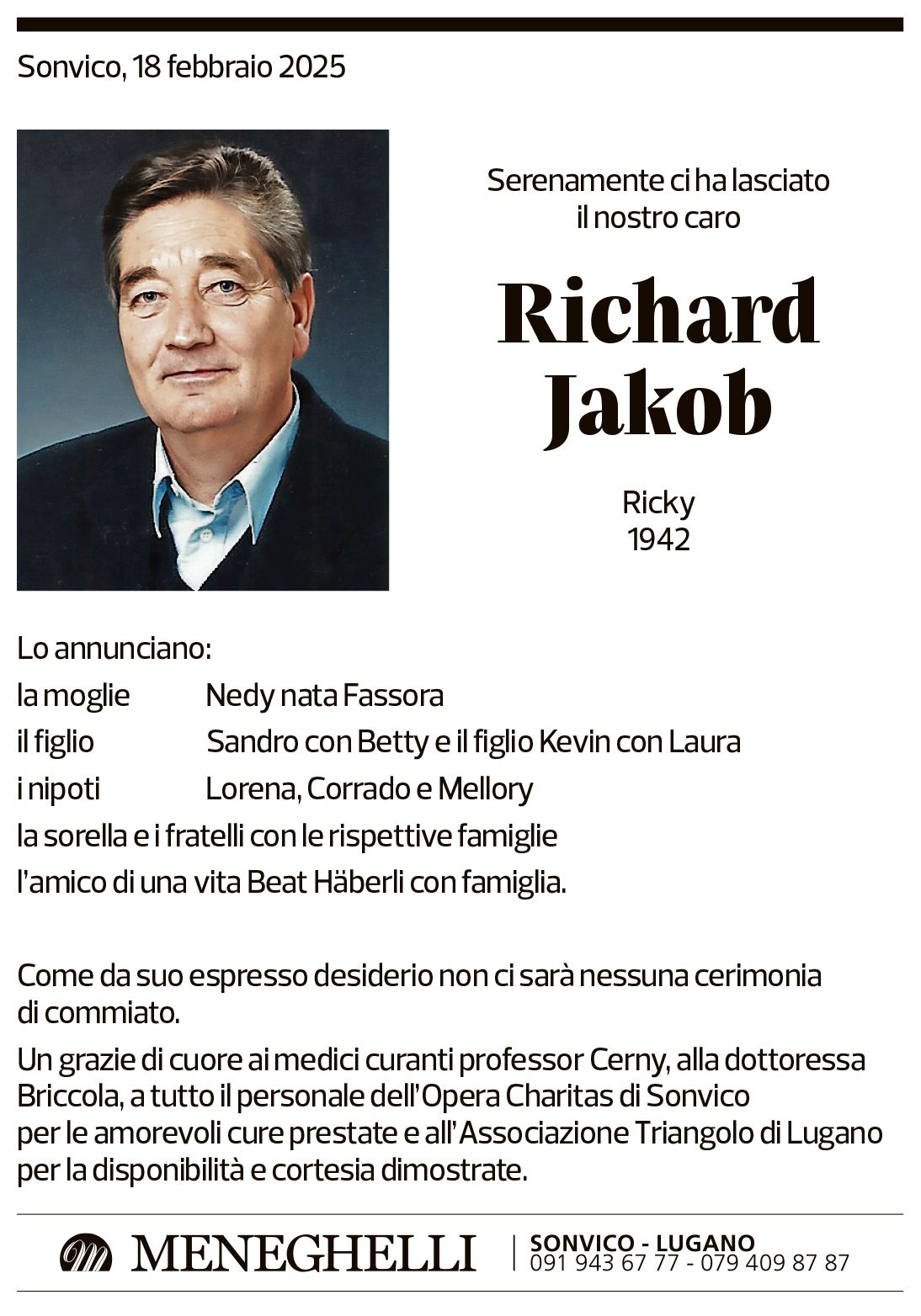 Annuncio funebre Richard Jakob