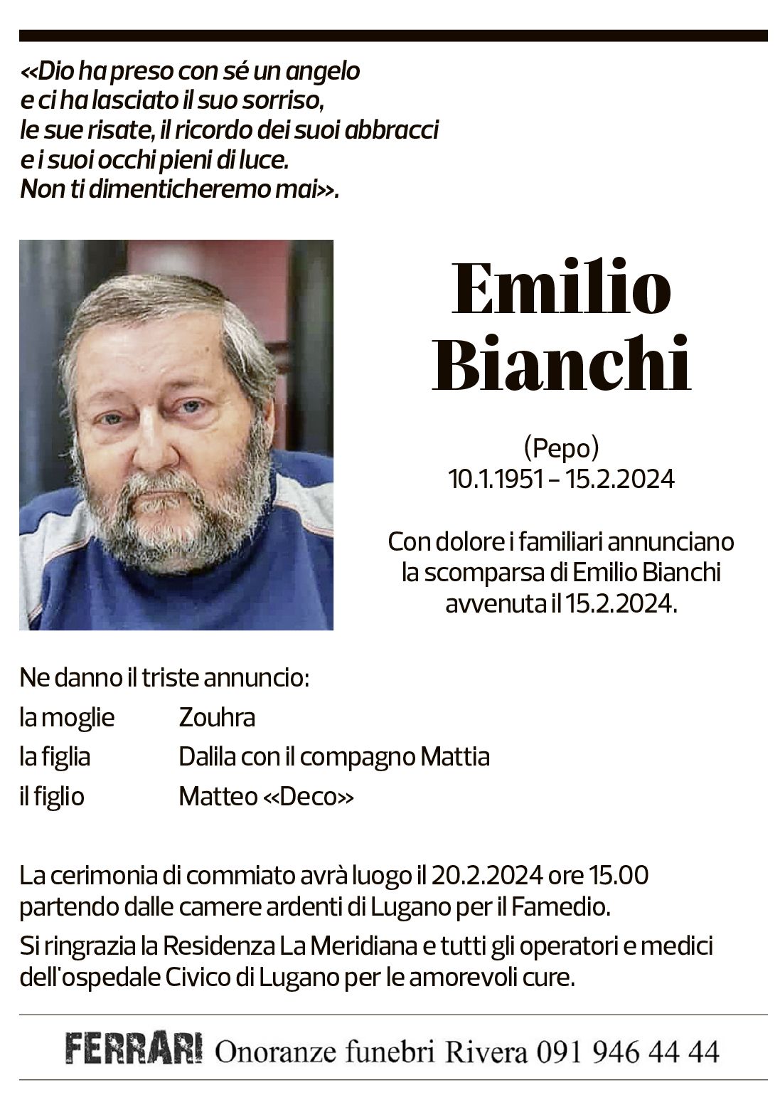 Annuncio funebre Emilio Bianchi