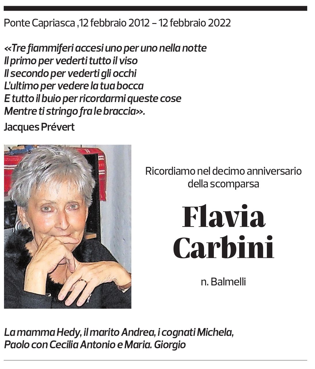 Annuncio funebre Flavia Carbini