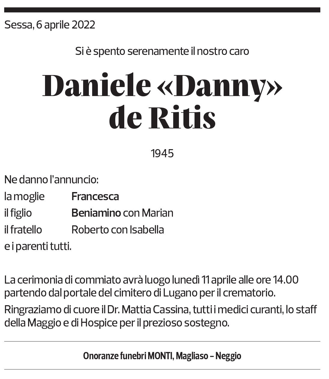 Annuncio funebre Daniele "danny" De Ritis