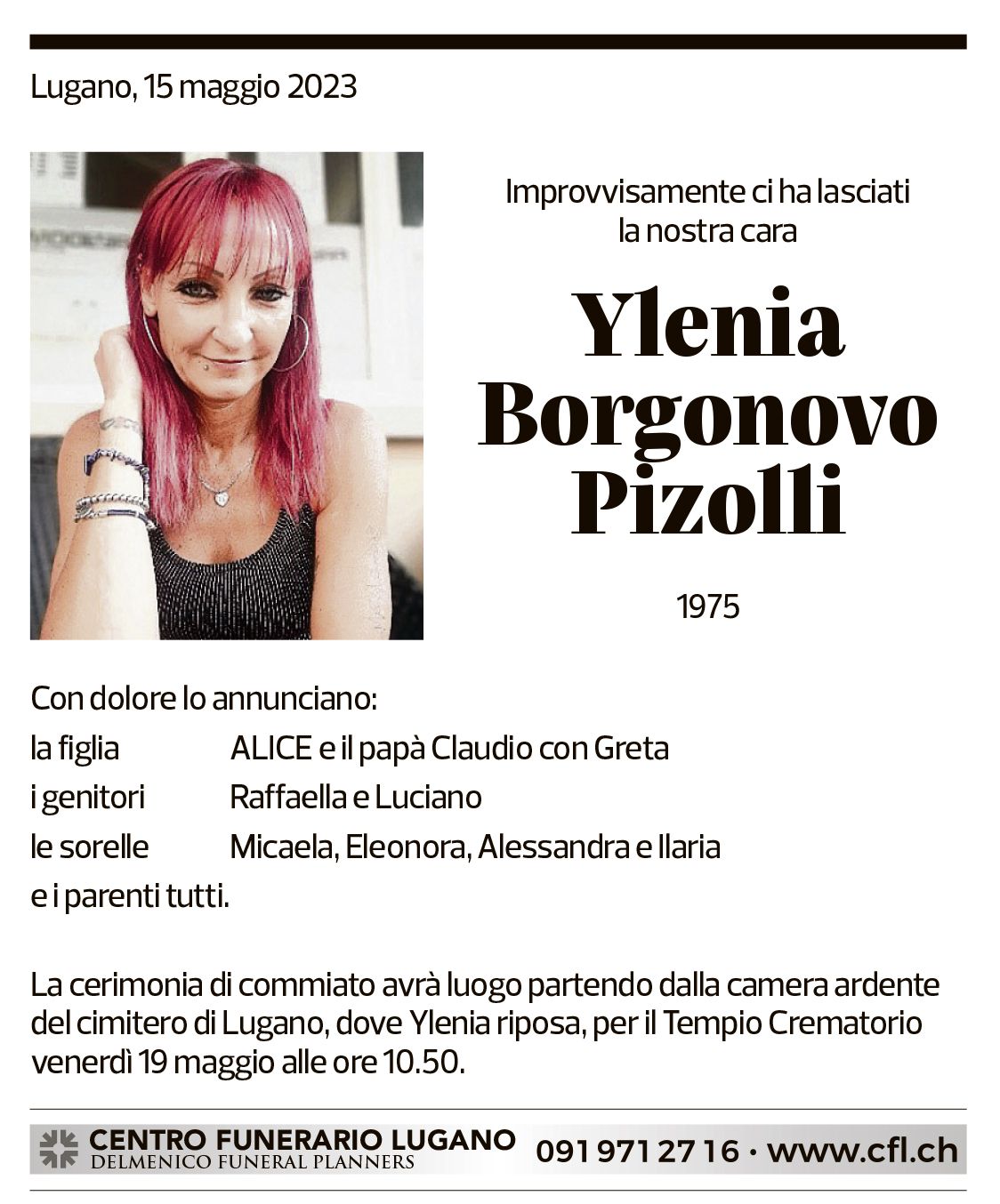 Annuncio funebre Ylenia Borgonovo Pizolli