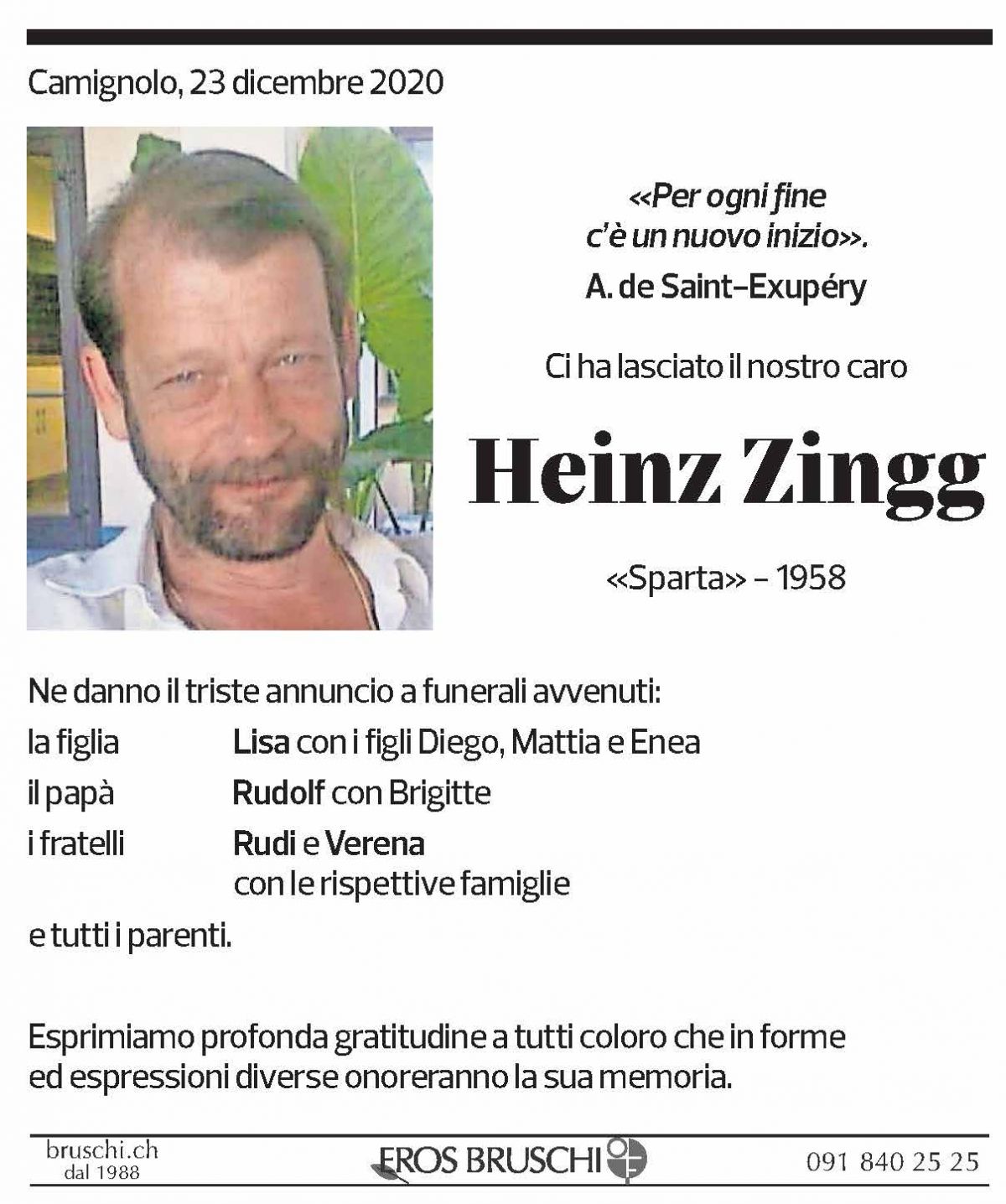 Annuncio funebre Heinz Zingg