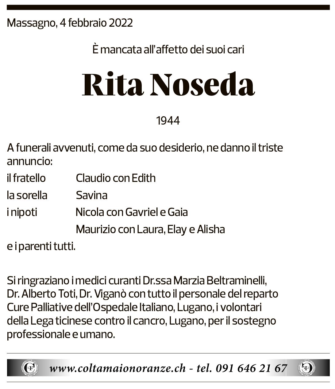 Annuncio funebre Rita Noseda