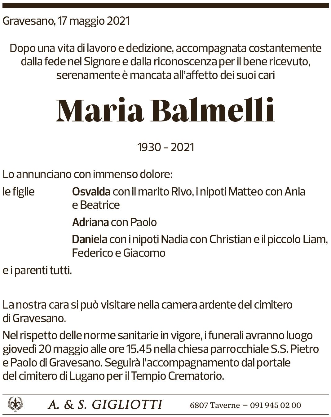 Annuncio funebre Maria Balmelli