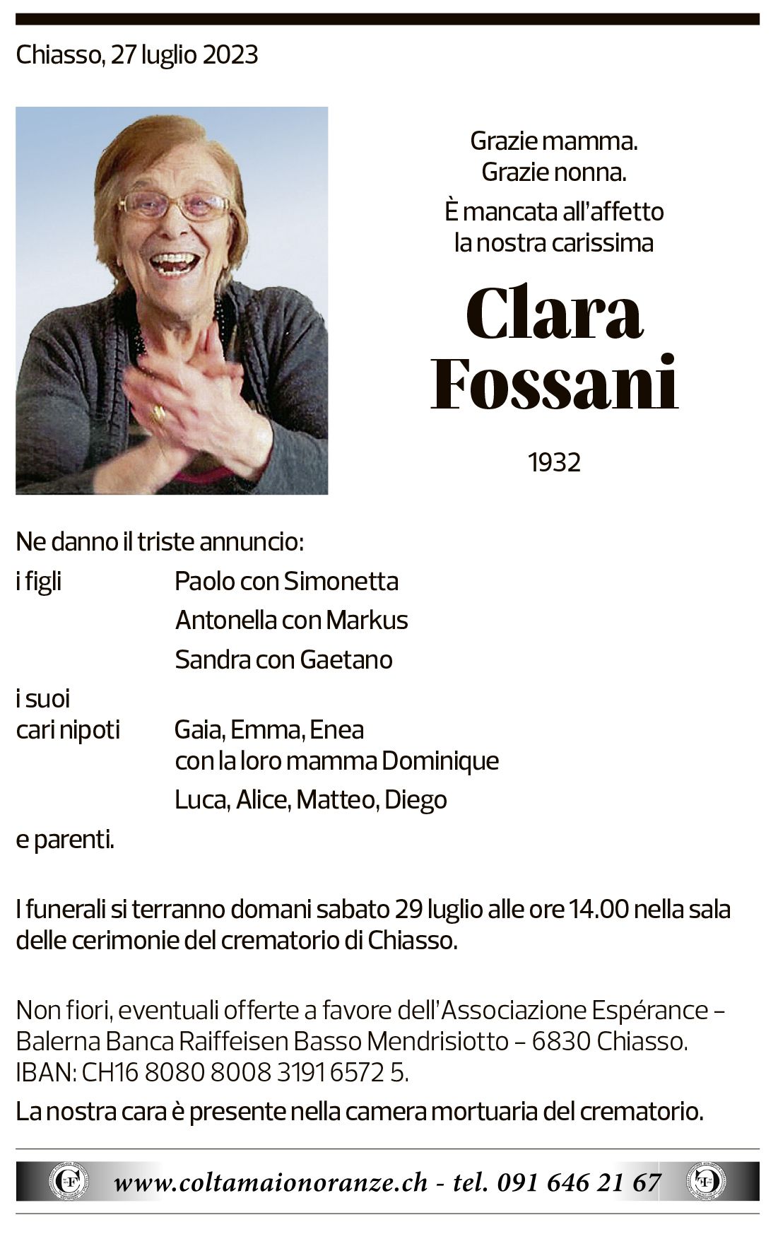 Annuncio funebre Clara Fossani