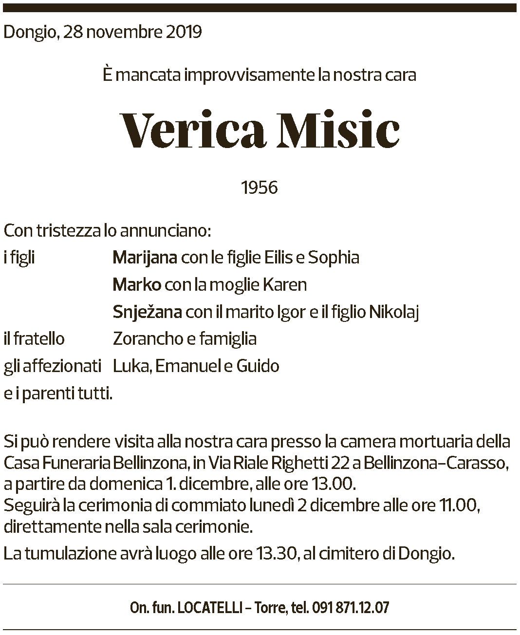 Annuncio funebre Verica Misic