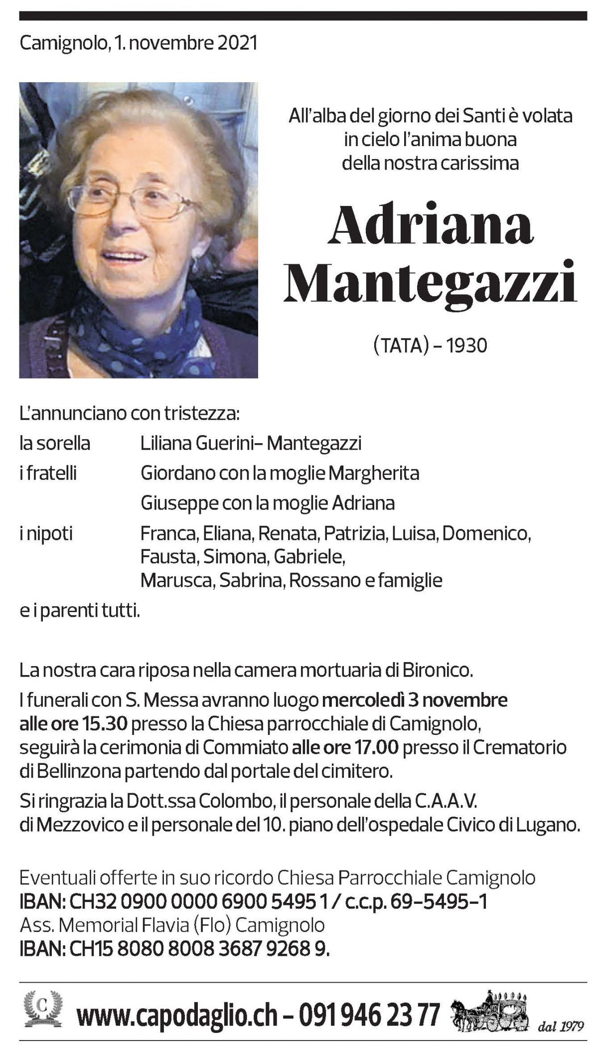 Annuncio funebre Adriana Mantegazzi