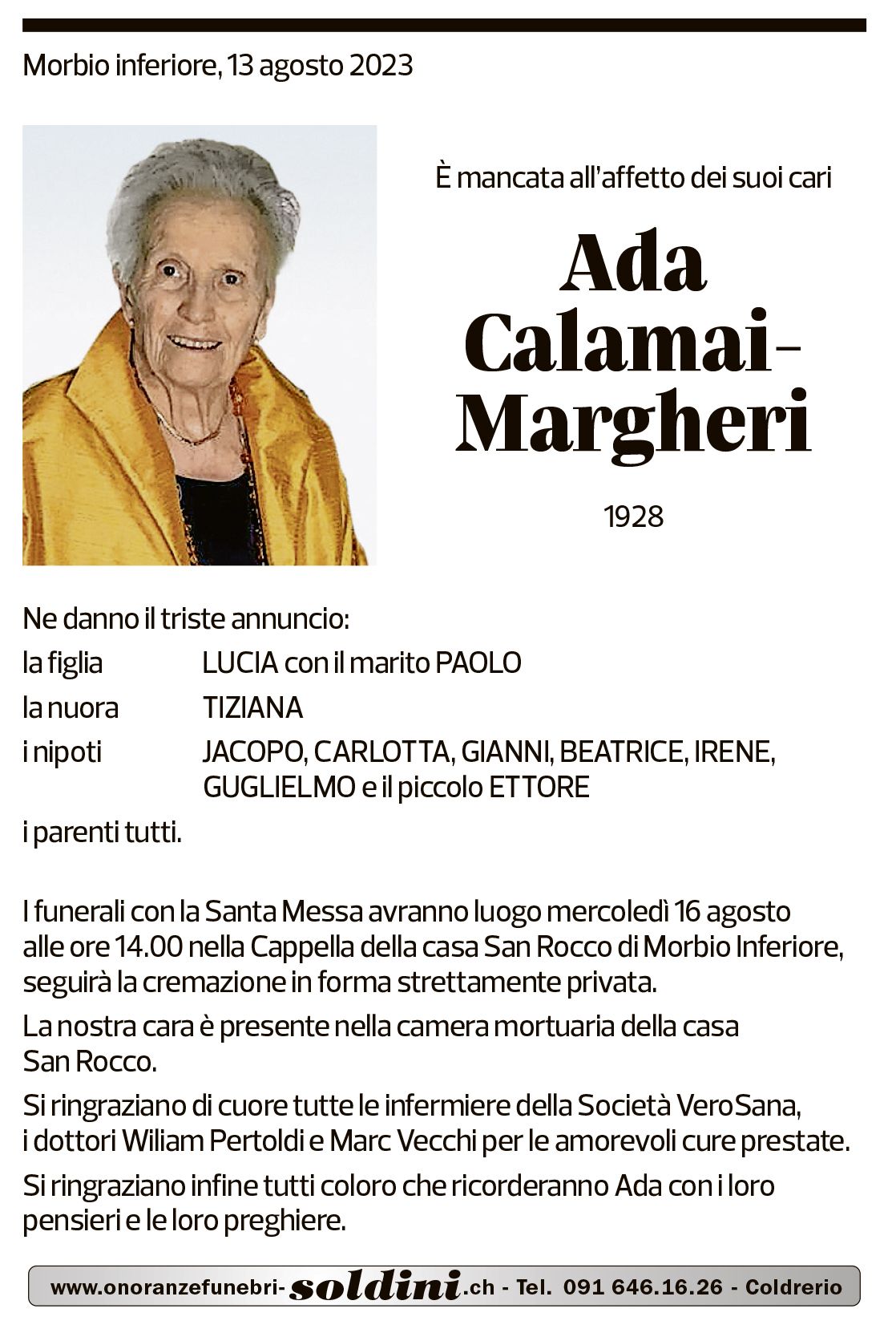 Annuncio funebre Ada Calamai-margheri