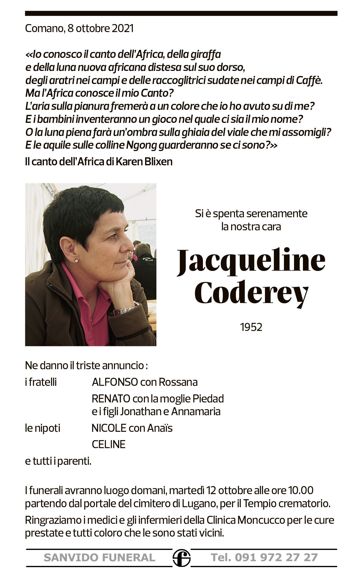 Annuncio funebre Jacqueline Coderey