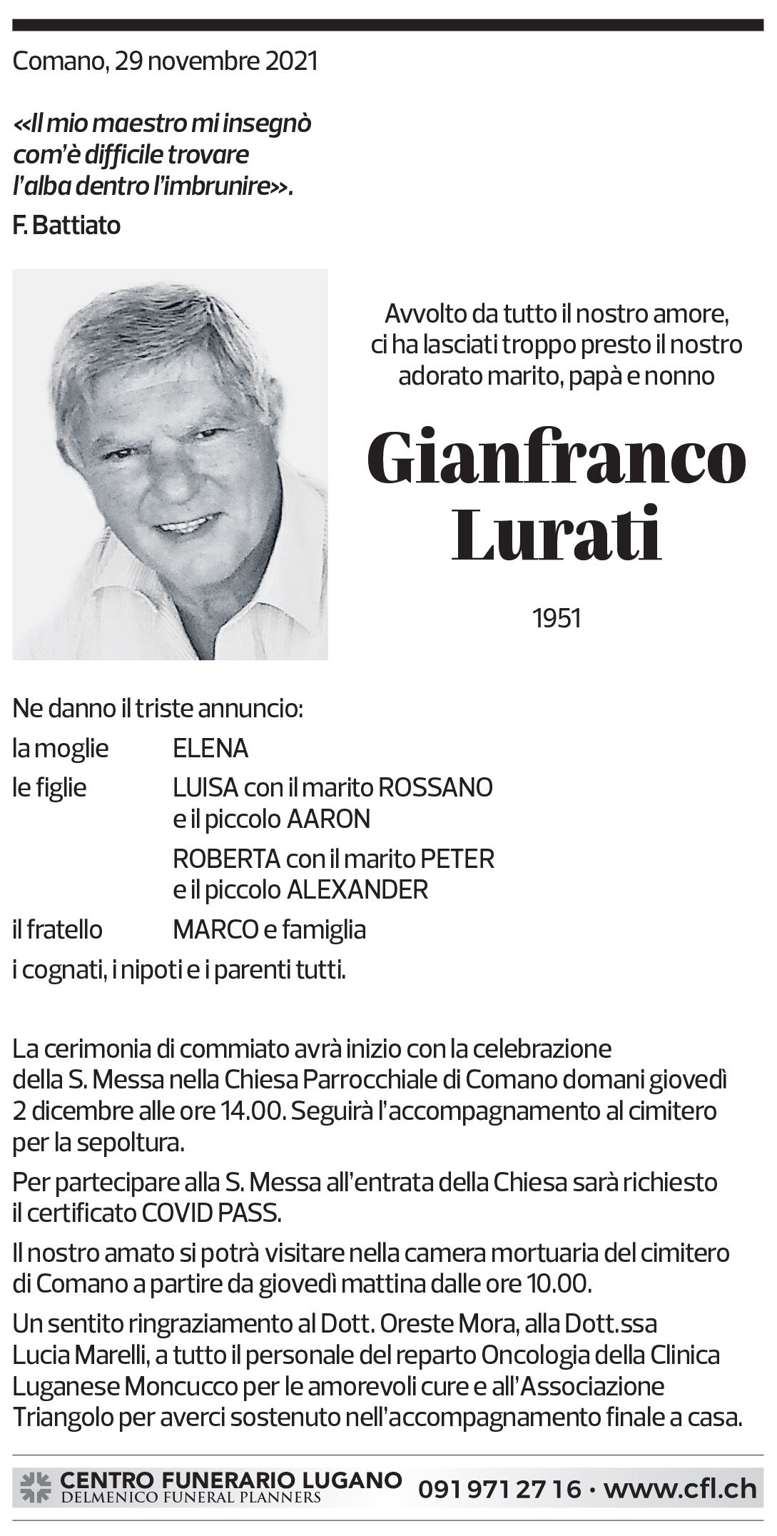 Annuncio funebre Gianfranco Lurati