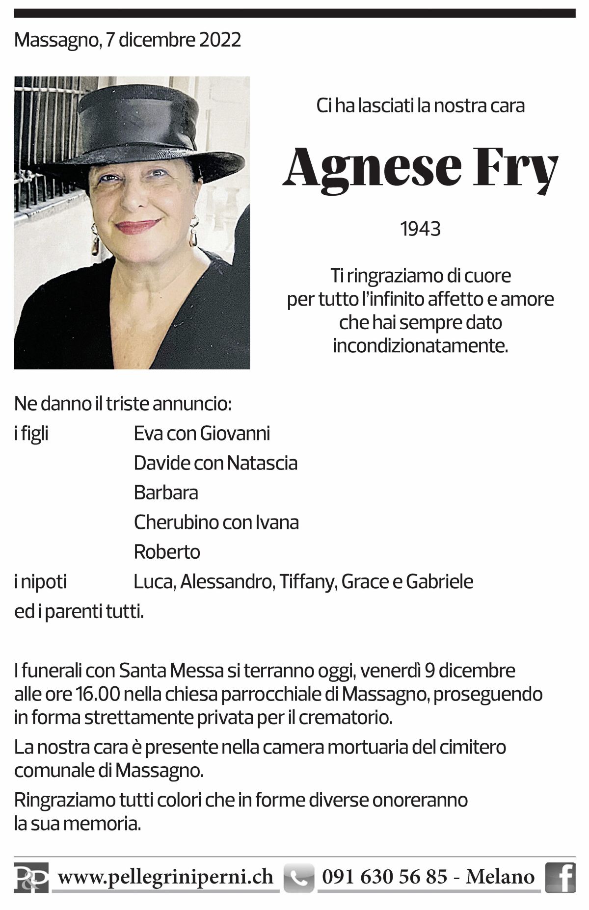 Annuncio funebre Agnese Fry