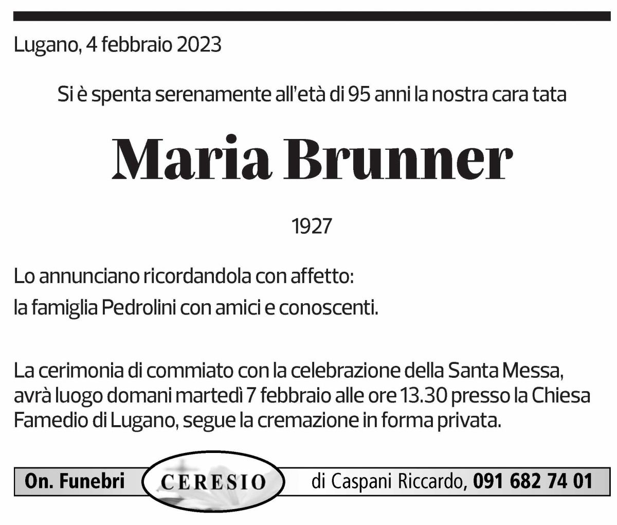 Annuncio funebre Maria Brunner