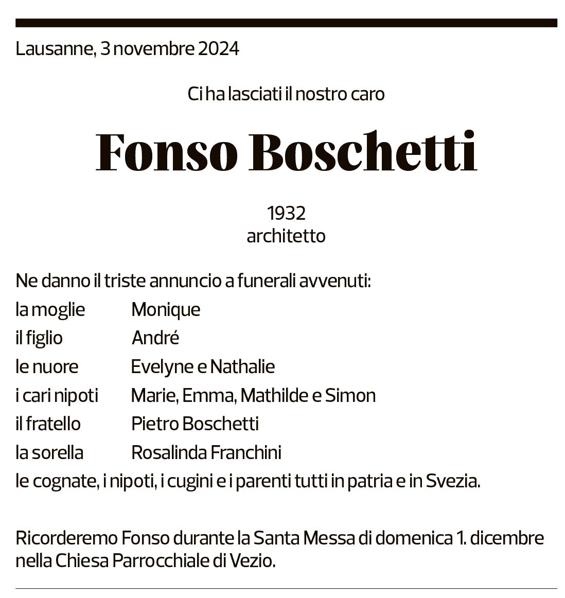 Annuncio funebre Fonso Boschetti