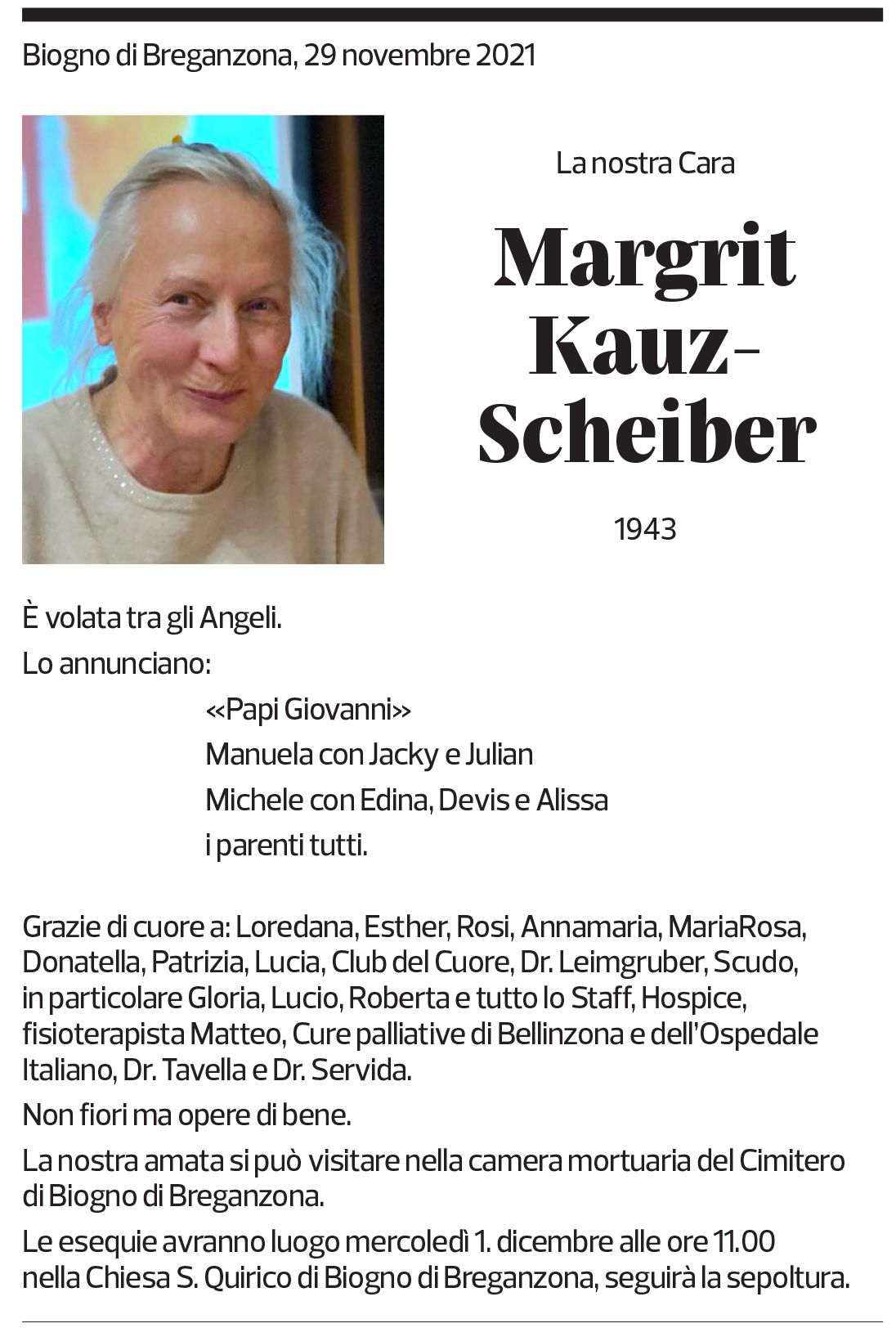 Annuncio funebre Margrit Kauz-scheiber