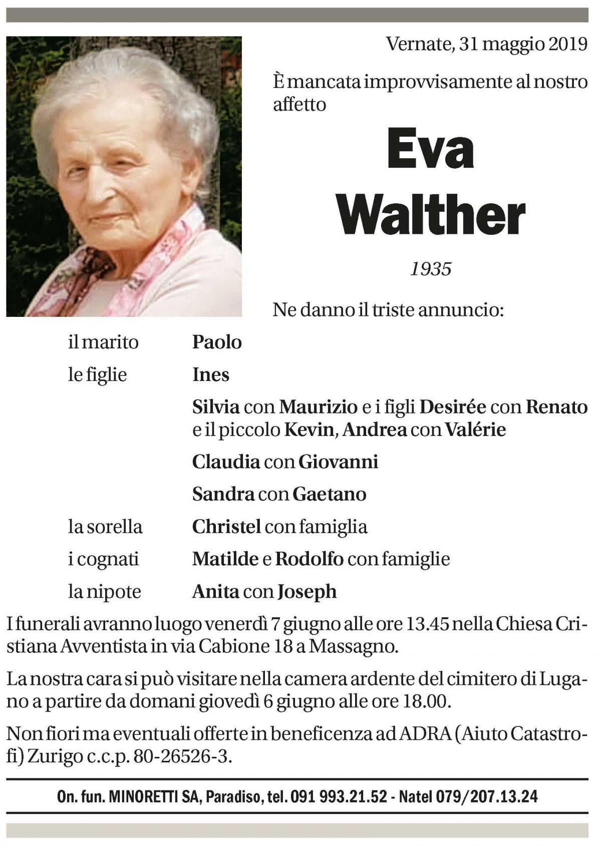 Annuncio funebre Eva Walther