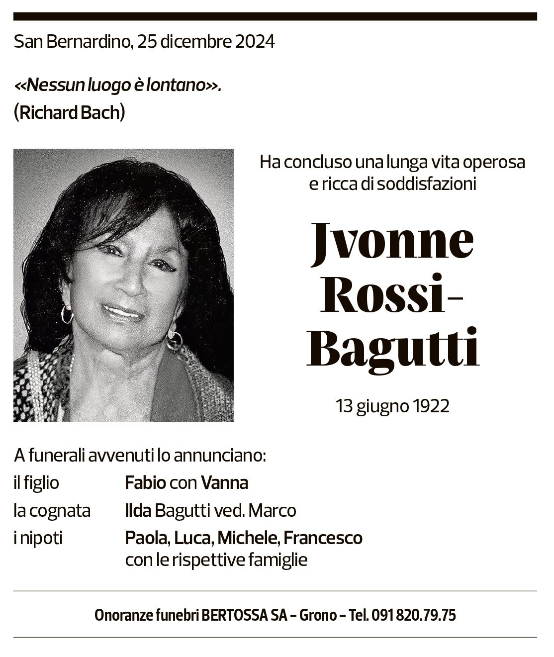 Annuncio funebre Jvonne Rossi-bagutti