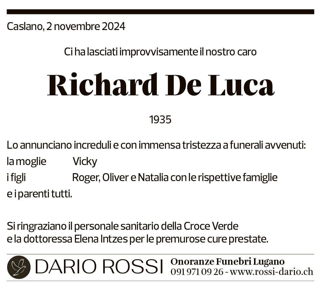 Annuncio funebre Richard De Luca