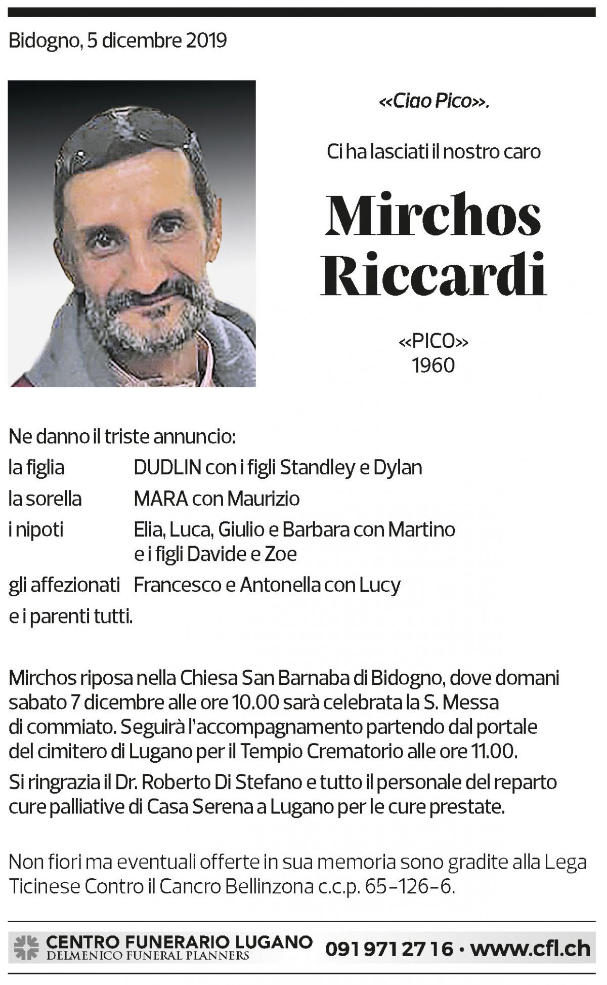 Annuncio funebre Mirchos Riccardi