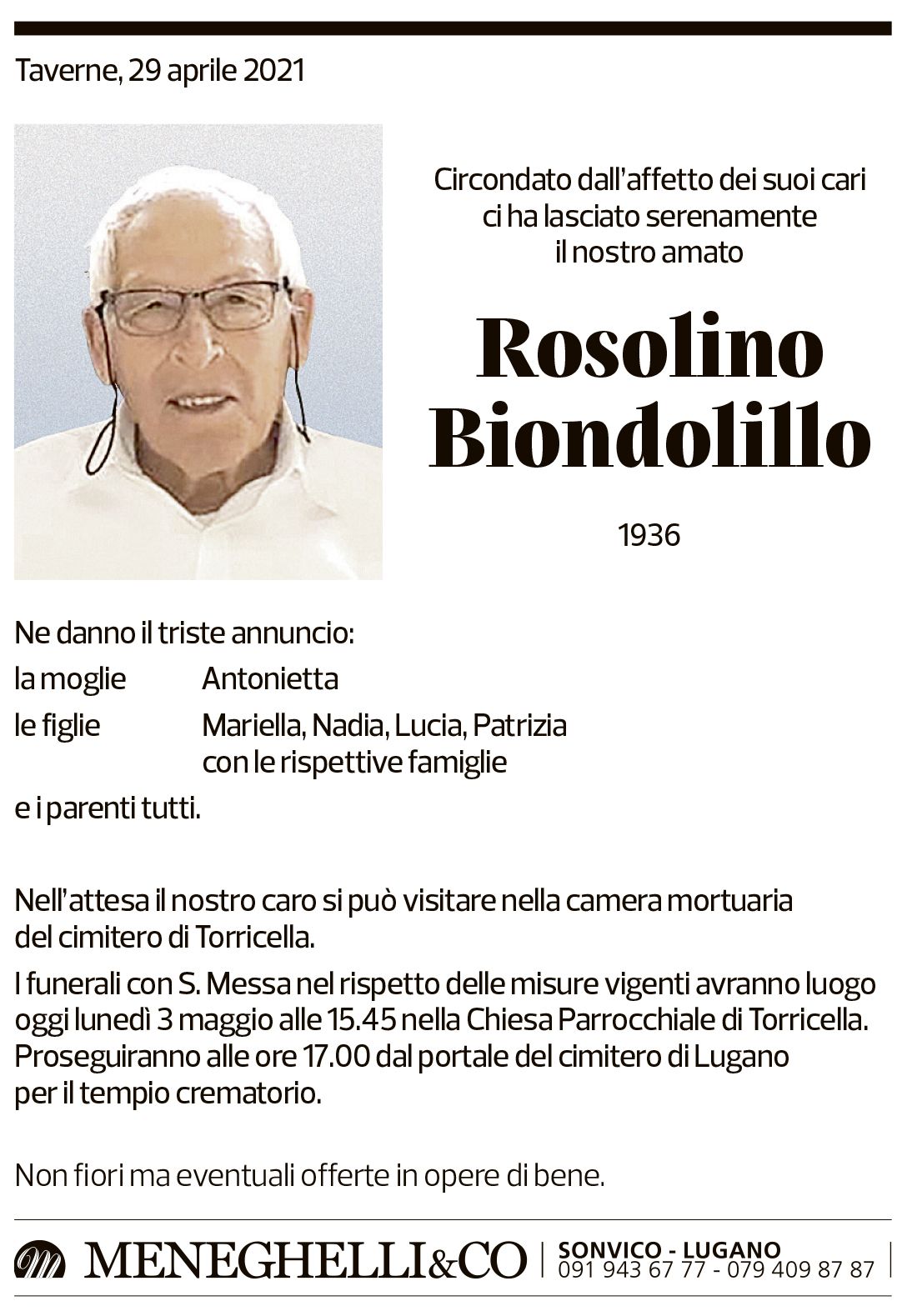 Annuncio funebre Rosolino Biondolillo