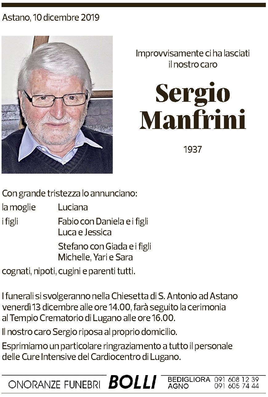 Annuncio funebre Sergio Manfrini