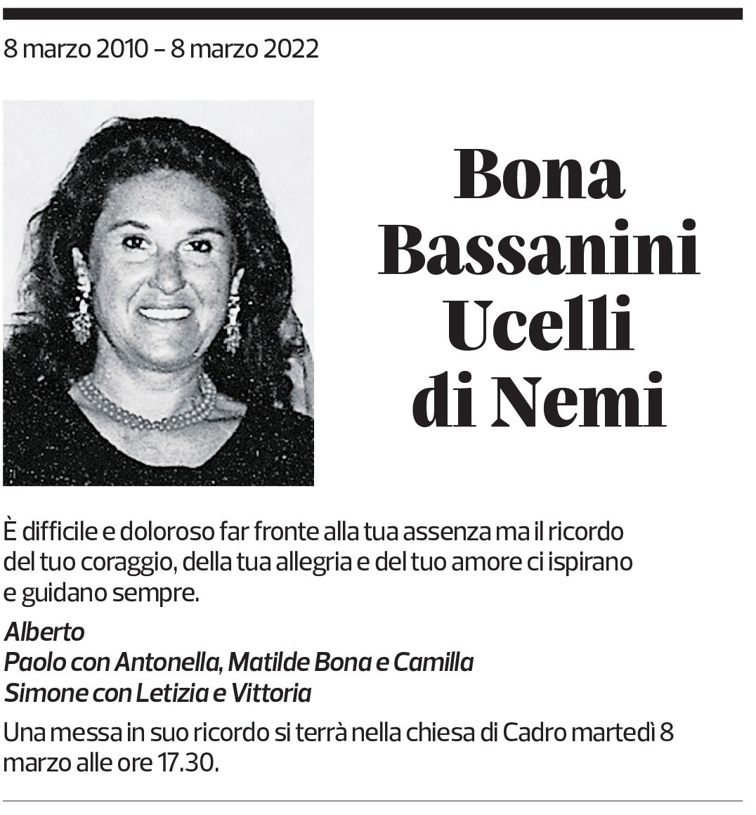 Annuncio funebre Bona Bassanini Ucelli Di Nemi