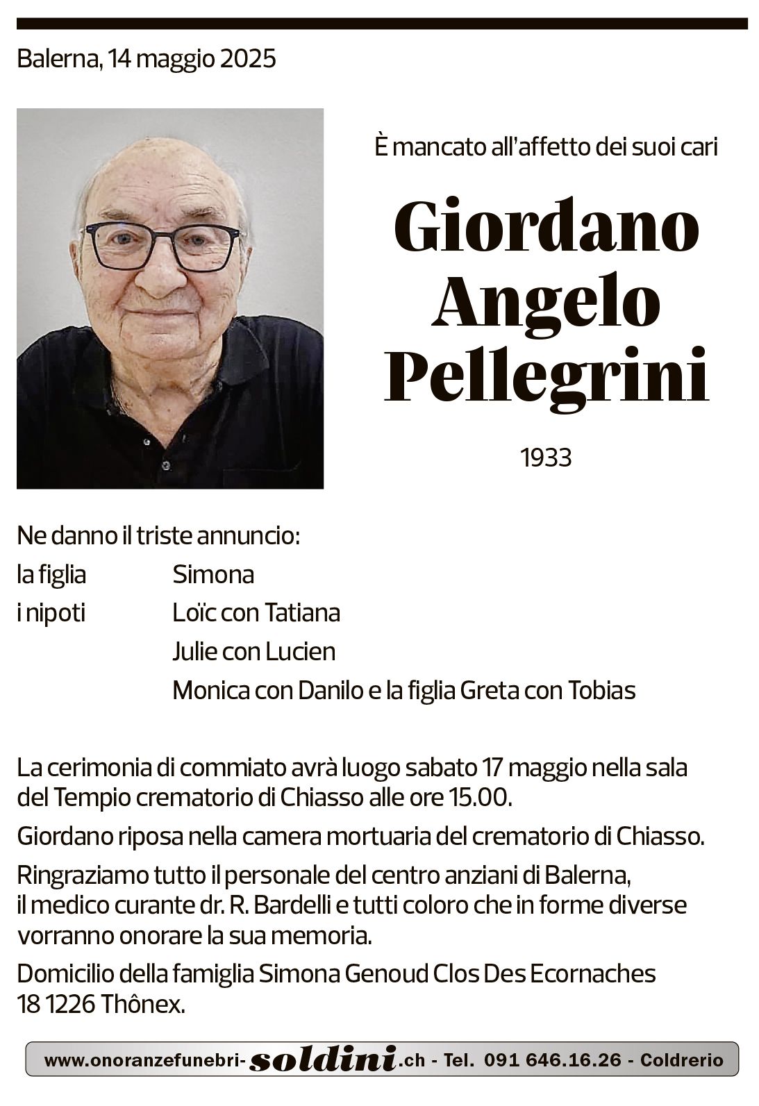 Annuncio funebre Giordano Angelo Pellegrini