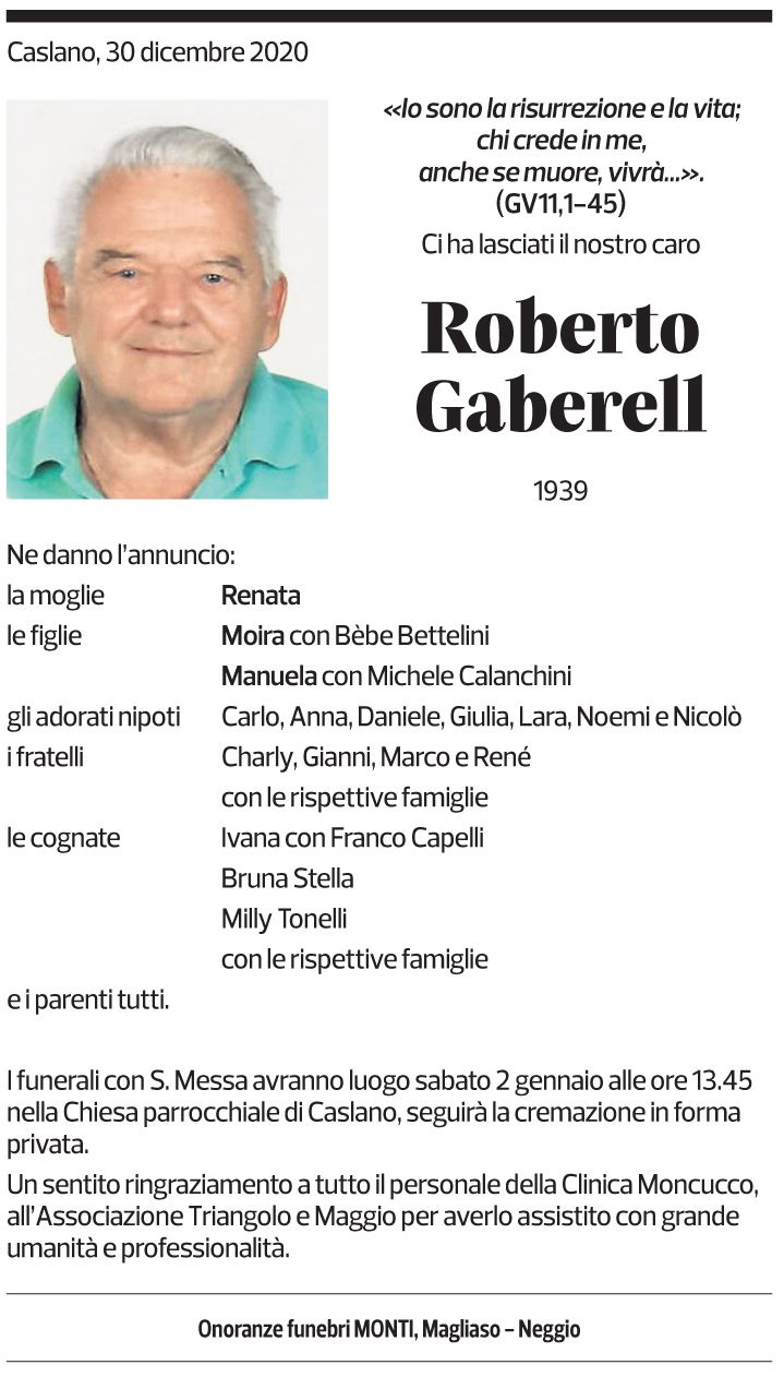 Annuncio funebre Roberto Gaberell
