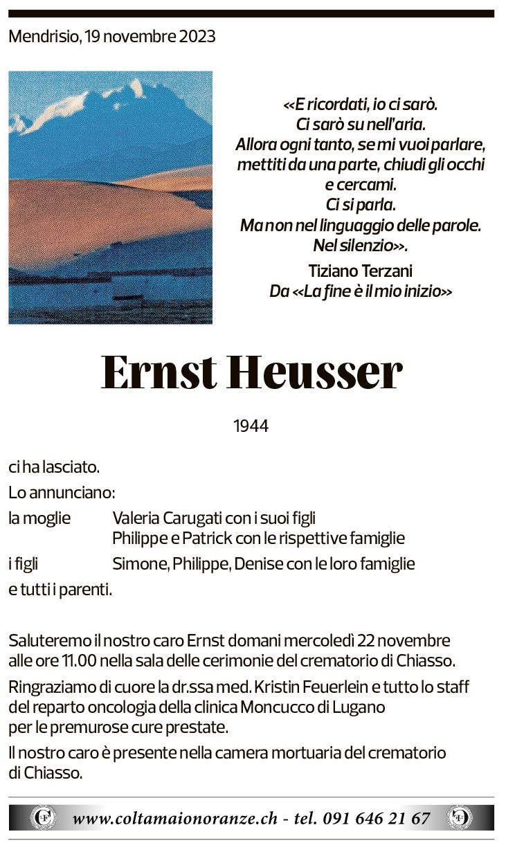 Annuncio funebre Ernst Heusser