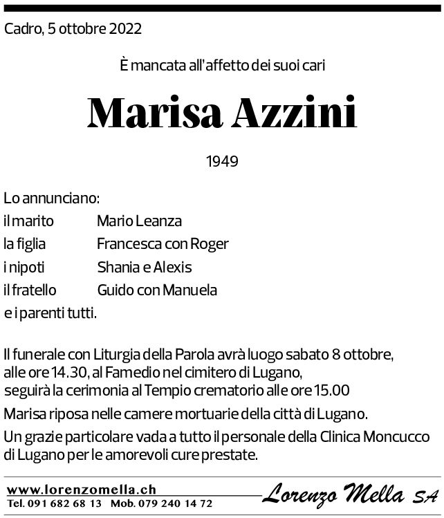 Annuncio funebre Marisa Azzini