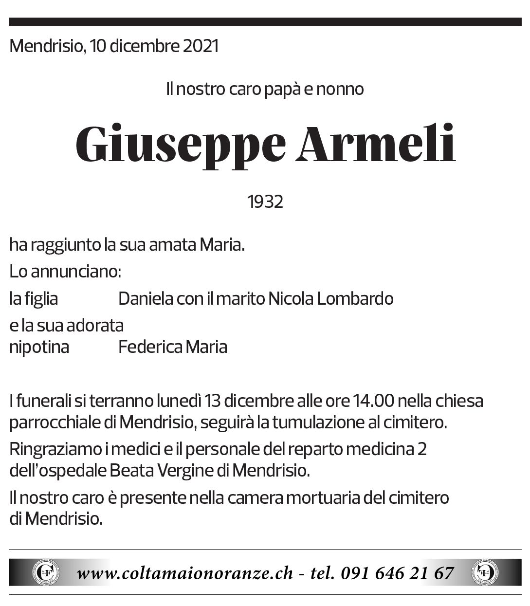 Annuncio funebre Giuseppe Armeli