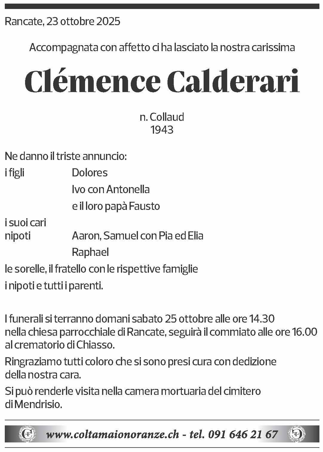 Annuncio funebre Clémence Calderari