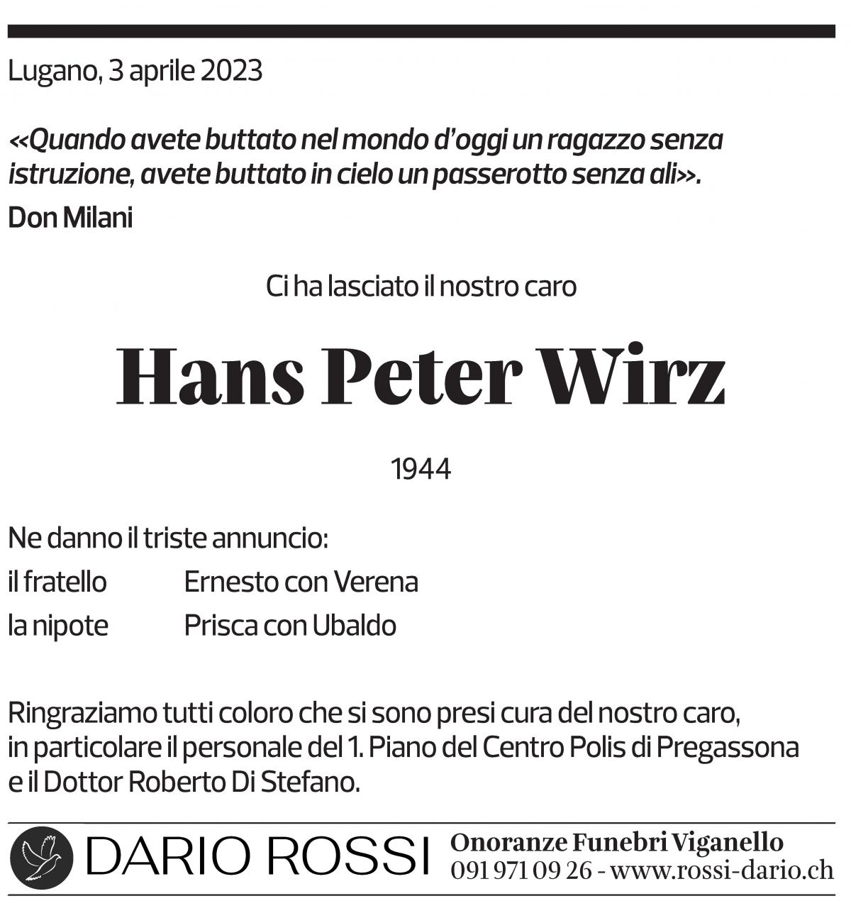 Annuncio funebre Hans Peter Wirz