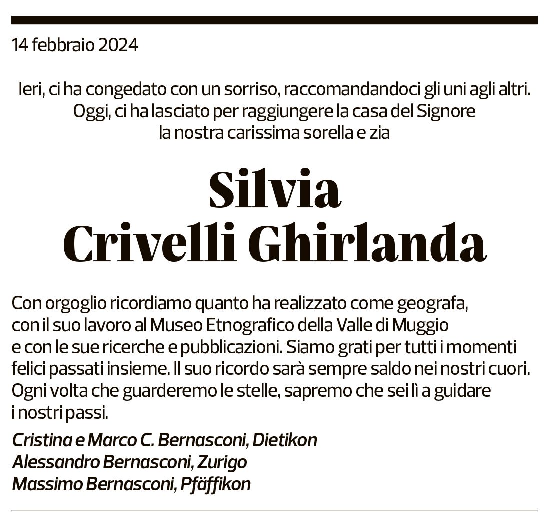 Annuncio funebre Silvia Crivelli