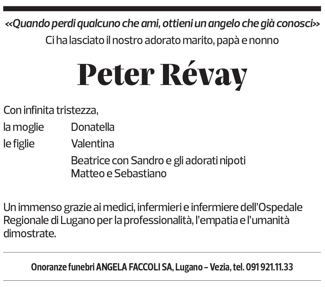 Annuncio funebre Peter Révay