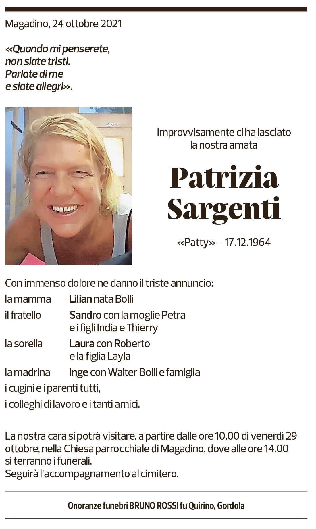 Annuncio funebre Patrizia Sargenti