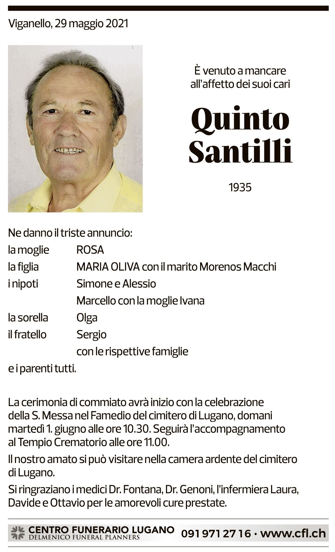 Annuncio funebre Quinto Santilli