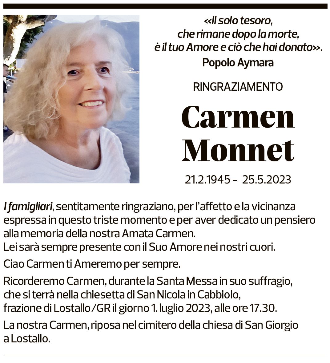 Annuncio funebre Carmen Monnet