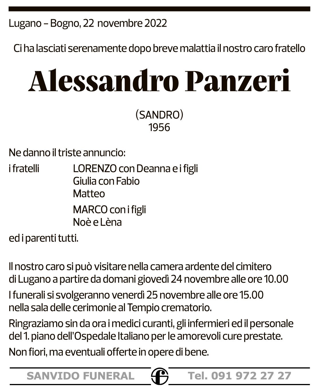 Annuncio funebre Alessandro Panzeri