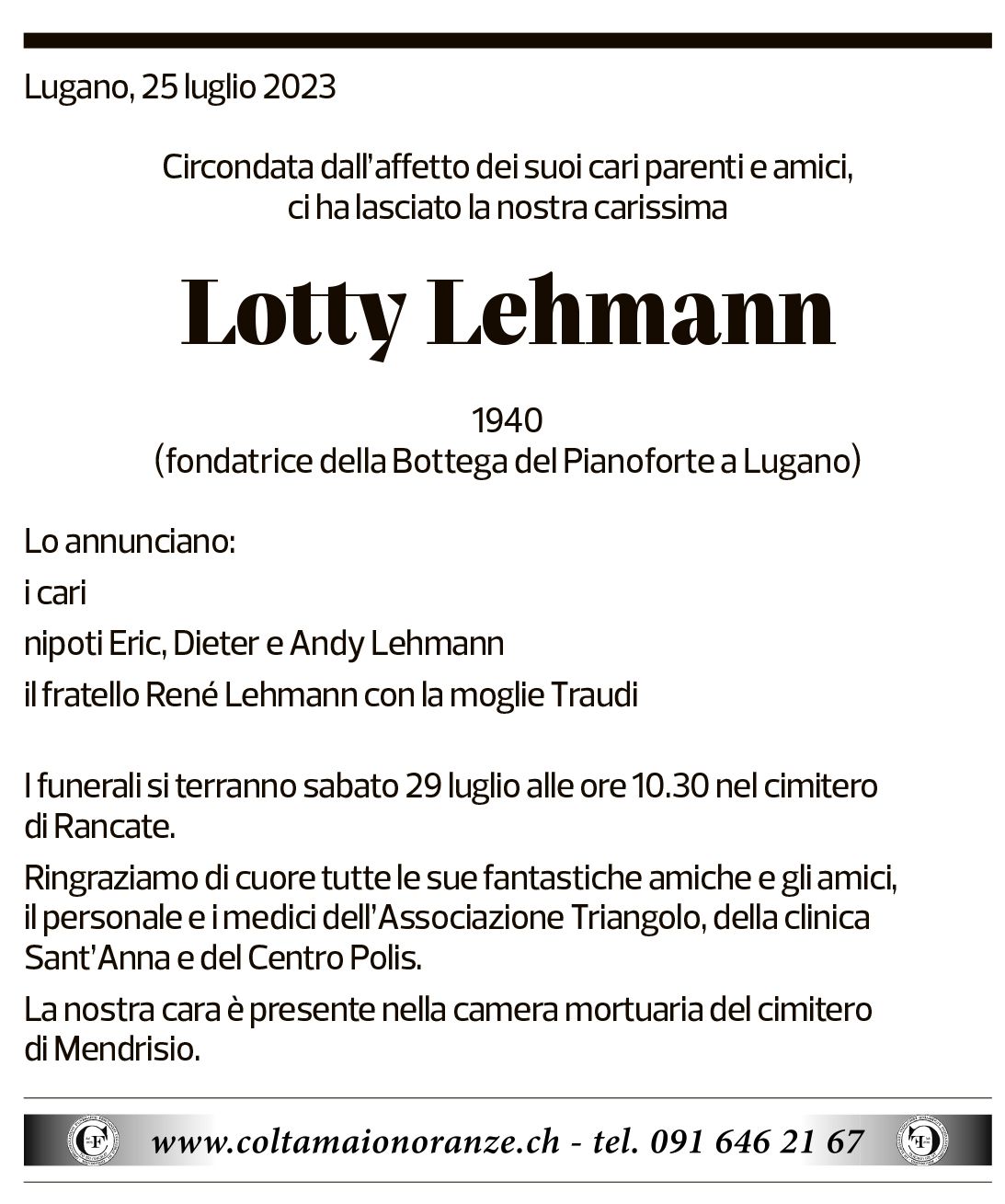 Annuncio funebre Lotty Lehmann