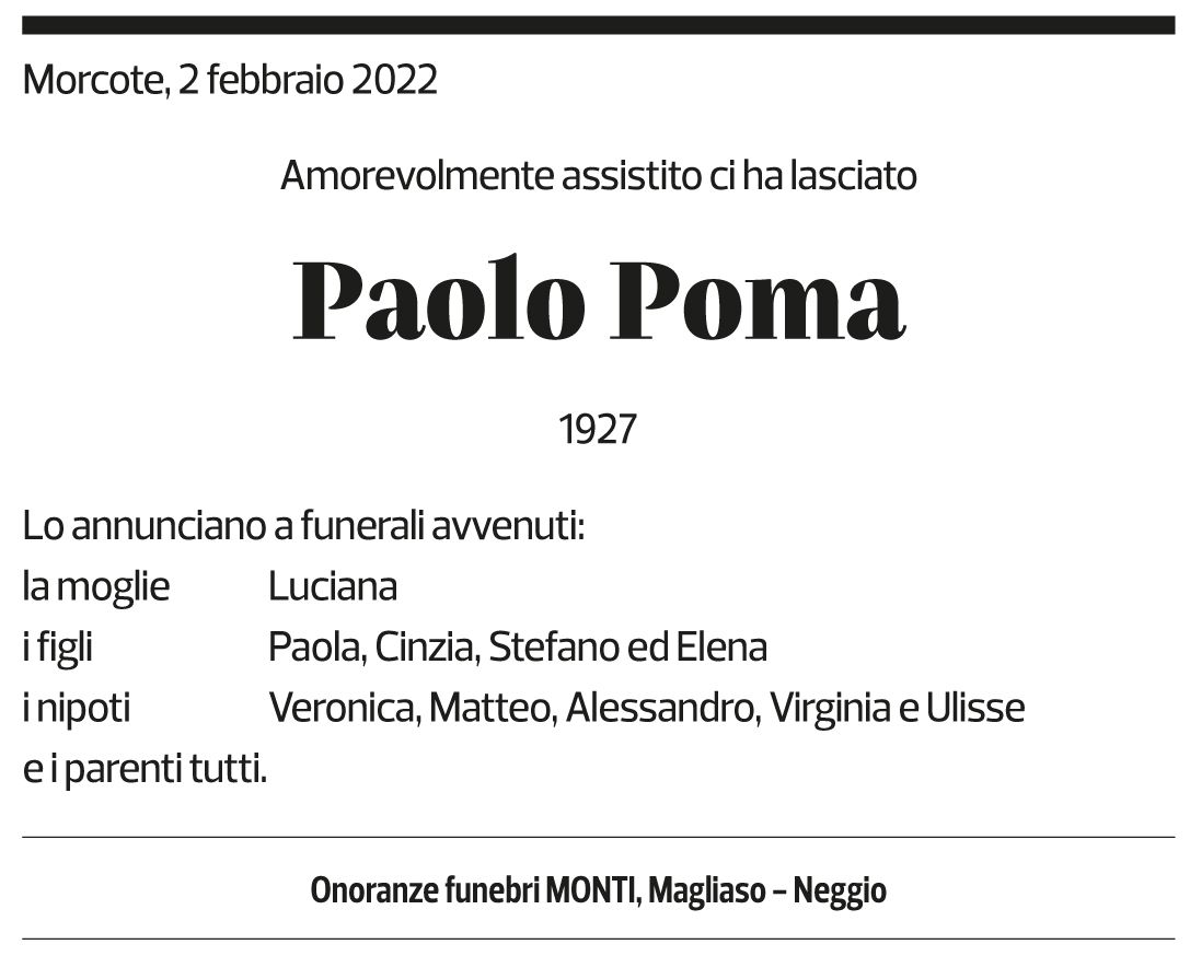 Annuncio funebre Paolo Poma