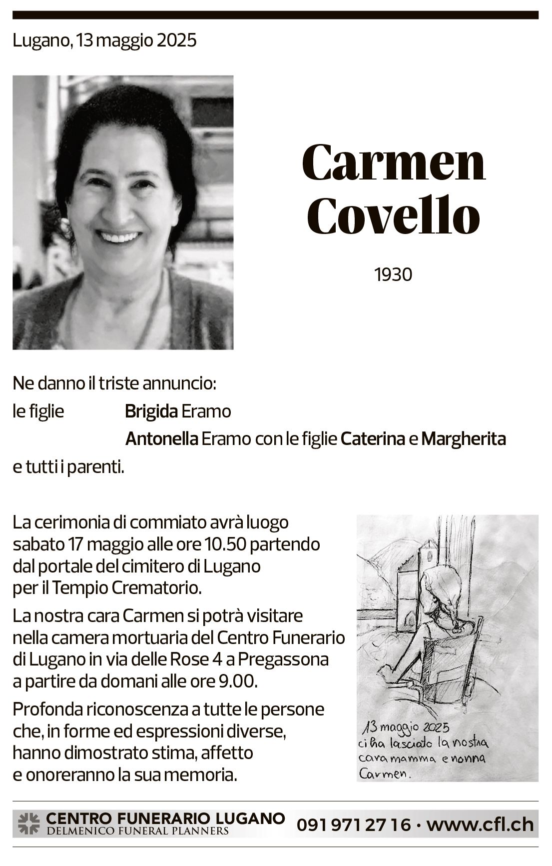 Annuncio funebre Carmen Covello