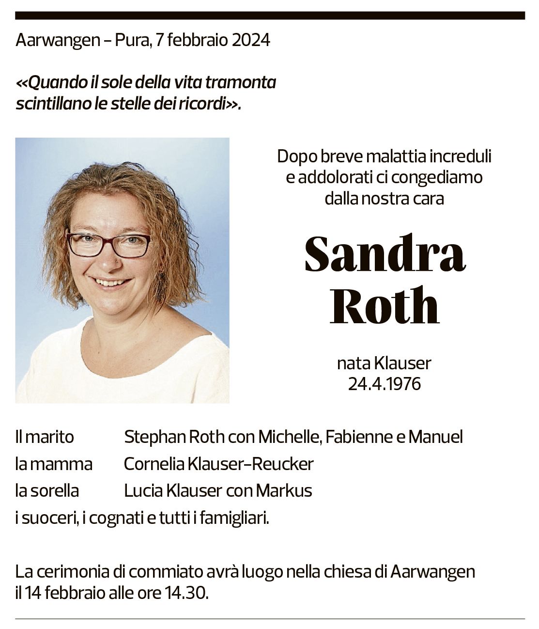 Annuncio funebre Sandra Roth