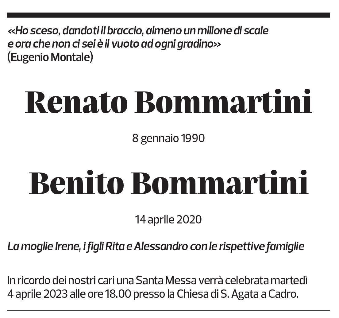 Annuncio funebre Renato Bommartini Benito Bommartini