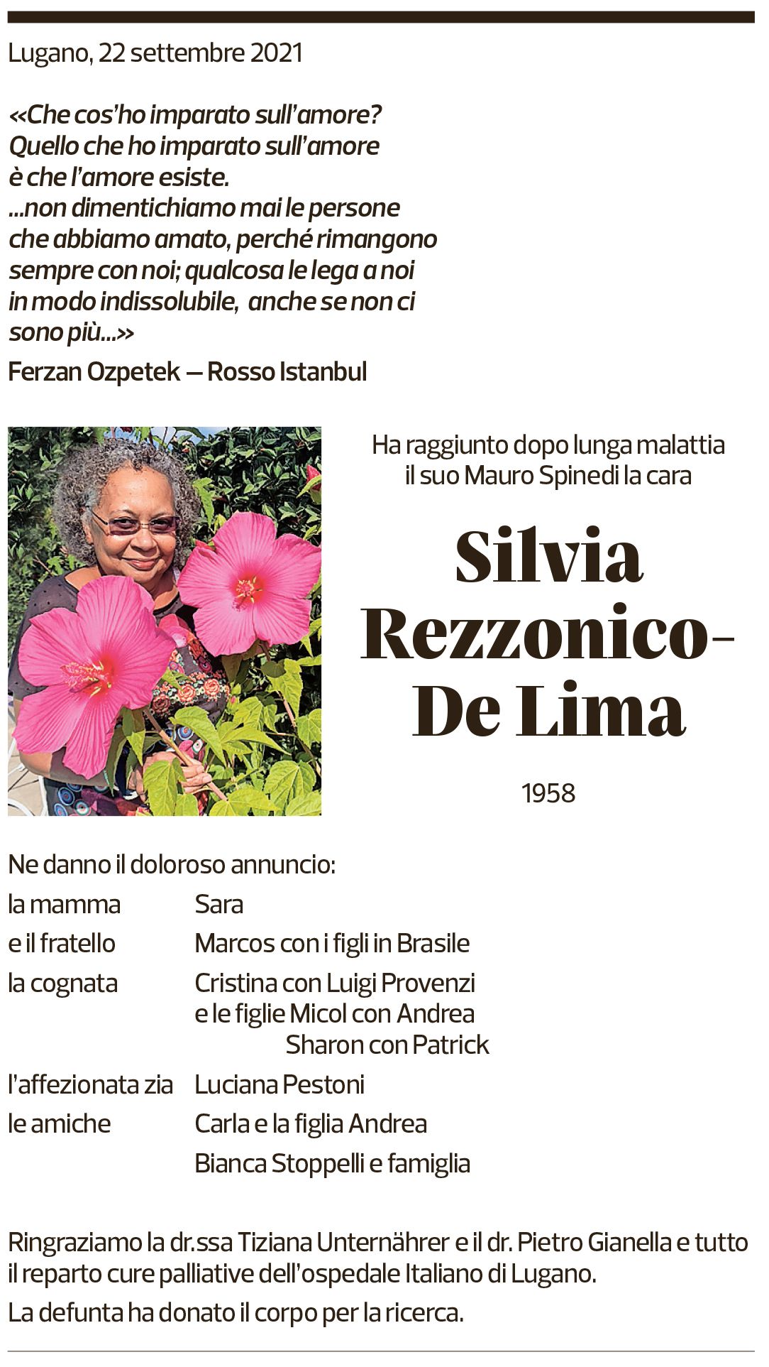 Annuncio funebre Silvia Rezzonico-de Lima