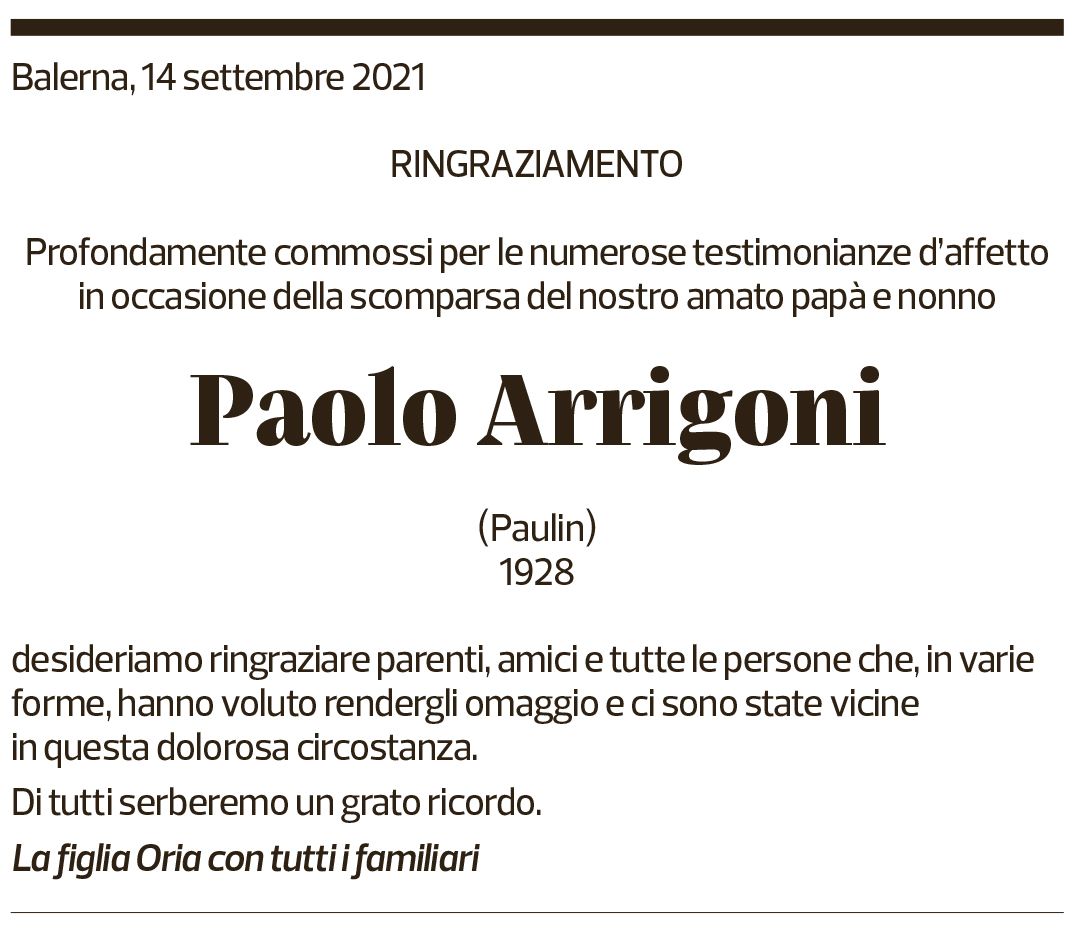 Annuncio funebre Paolo Arrigoni