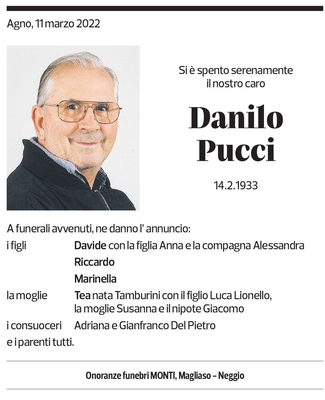 Annuncio funebre Danilo Pucci