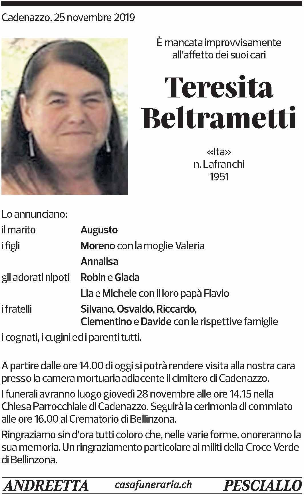 Annuncio funebre Teresita Beltrametti