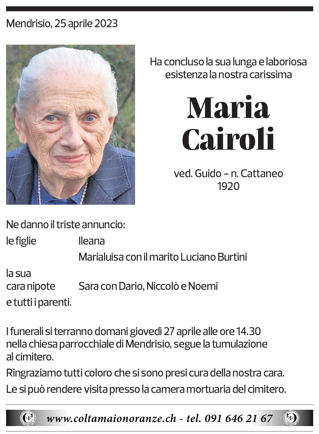 Annuncio funebre Maria Cairoli