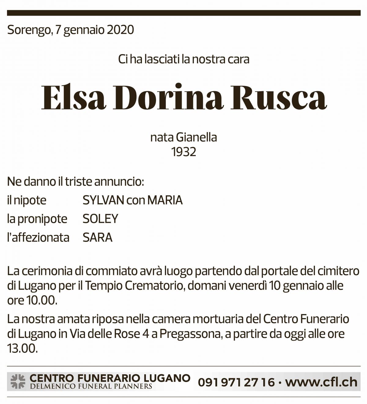 Annuncio funebre Elsa Dorina Rusca